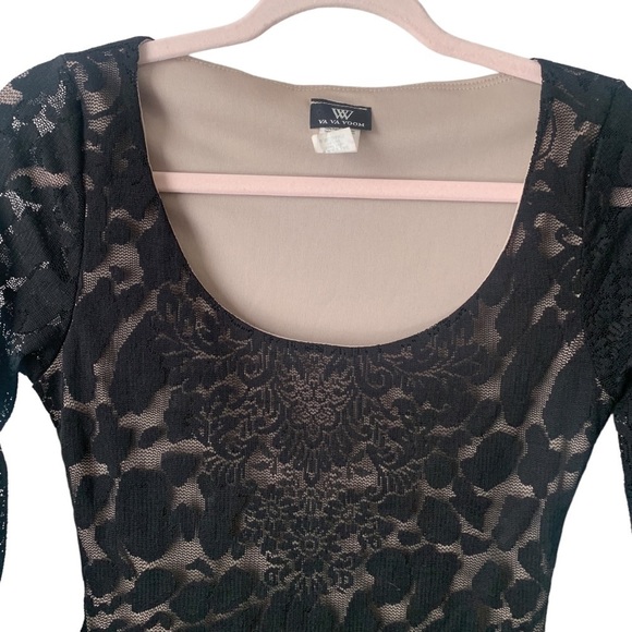 Va Va Voom Black Lace Long Sleeve Nude Liner Bodycon Midi Scoop Neck Dress Sz M - Picture 2 of 10